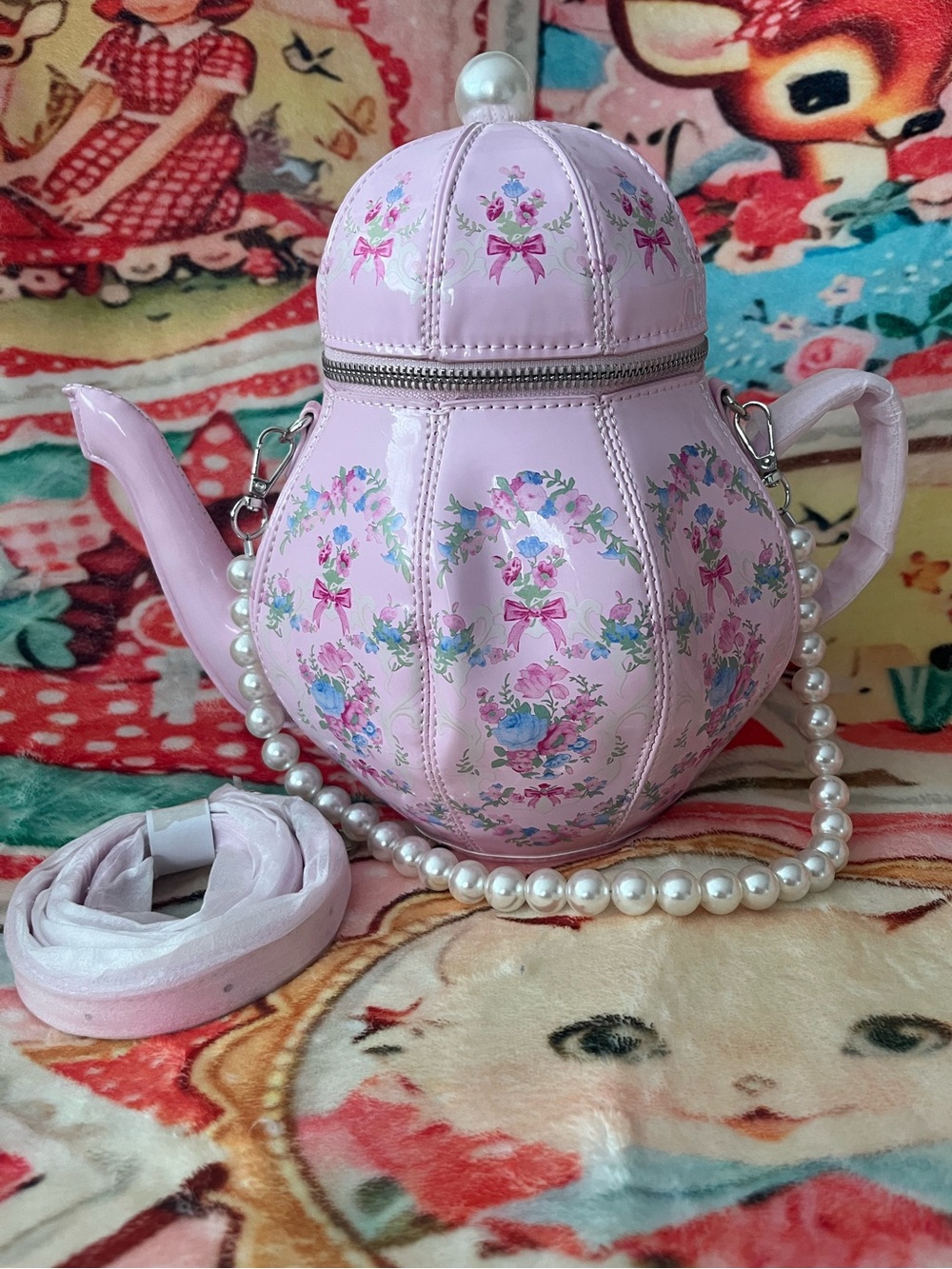 🫖🌸 Teapot Crossbody Bag Pearl Strap Purse Kawaii Kitsch Cottage Core Cottagecore